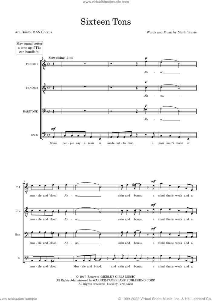 Sixteen Tons (arr. Sam Burns) sheet music for choir (TTBB: tenor, bass) by Merle Travis, Sam Burns and Tennessee Ernie Ford, intermediate skill level