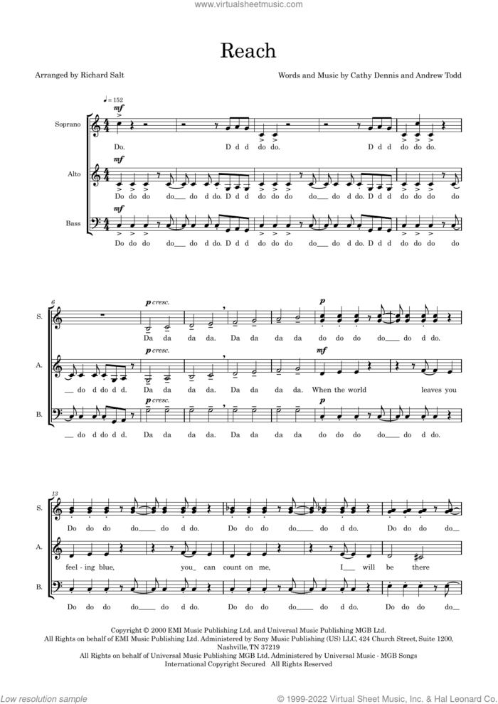 Reach (arr. Richard Salt) sheet music for choir (SSAB) by Cathy Dennis, Richard Salt, S Club 7 and Andrew Todd, intermediate skill level