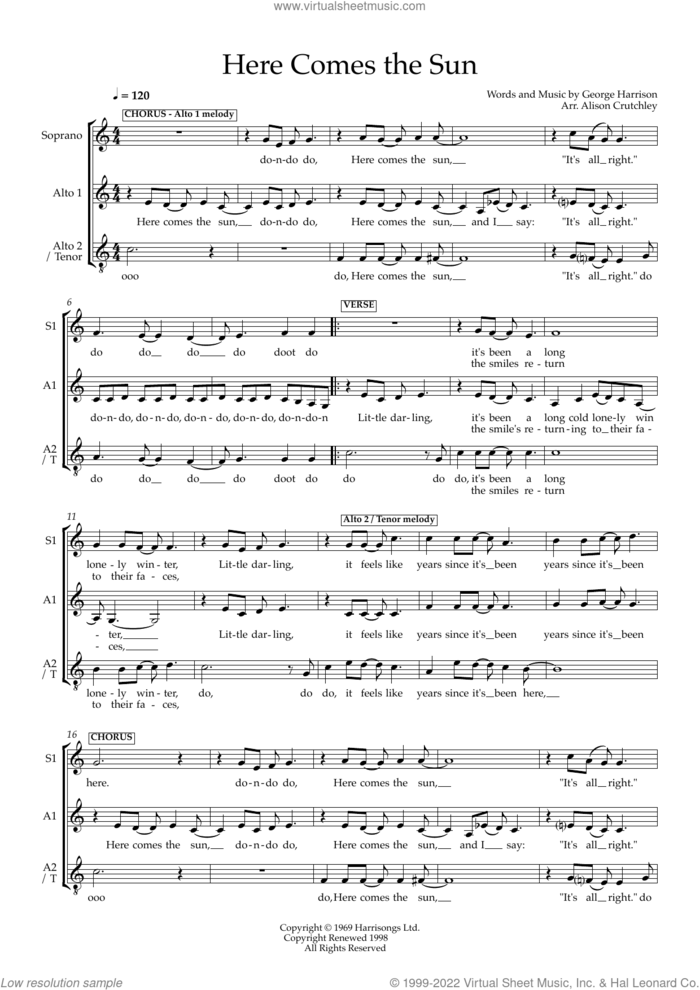 Here Comes The Sun (arr. Alison Crutchley) sheet music for choir (SAA) by The Beatles, Alison Crutchley and George Harrison, intermediate skill level