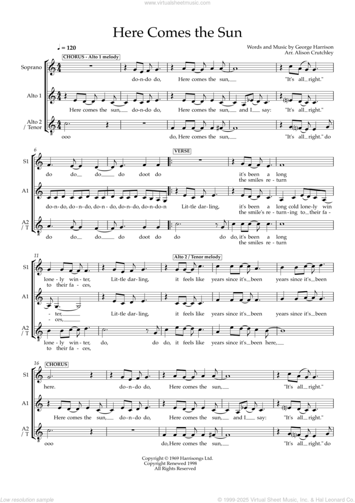 Here Comes The Sun (arr. Alison Crutchley) sheet music for choir (SAA) by The Beatles, Alison Crutchley and George Harrison, intermediate skill level