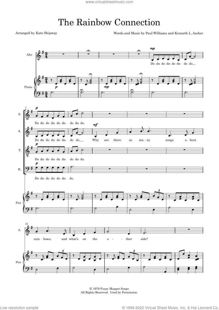 The Rainbow Connection (arr. Kate Shipway) sheet music for choir (SATB: soprano, alto, tenor, bass) by Paul Williams, Kate Shipway and Kenneth L. Ascher, intermediate skill level