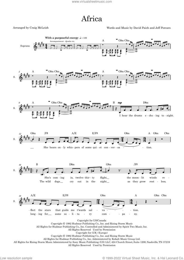 Africa (arr. Craig McLeish) sheet music for choir (SSA: soprano, alto) by Toto, Craig McLeish, David Paich and Jeff Porcaro, intermediate skill level