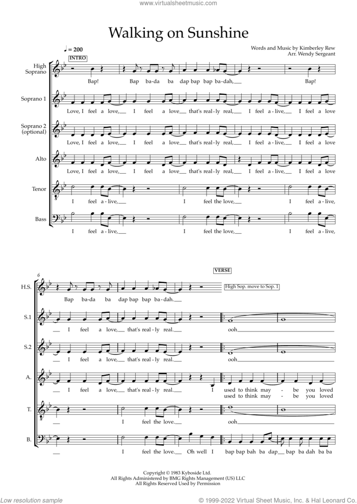 Walking On Sunshine (arr. Wendy Sergeant) sheet music for choir (SSAATB) by Kimberley Rew, Wendy Sergeant and Katrina And The Waves, intermediate skill level