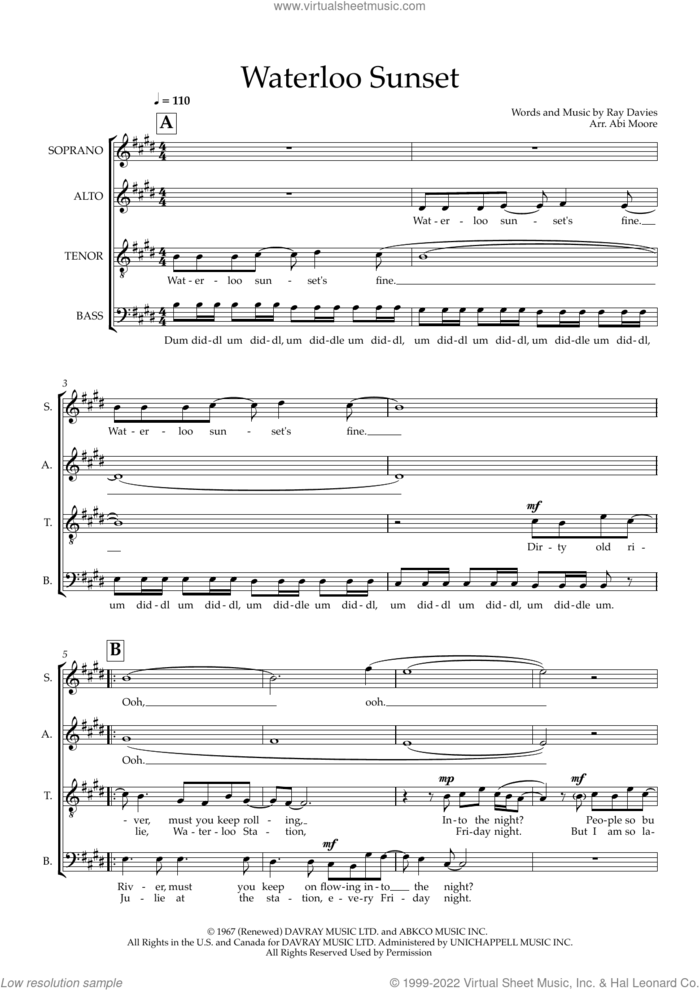 Waterloo Sunset (arr. Abi Moore) sheet music for choir (SATB: soprano, alto, tenor, bass) by Ray Davies, Abi Moore and The Kinks, intermediate skill level