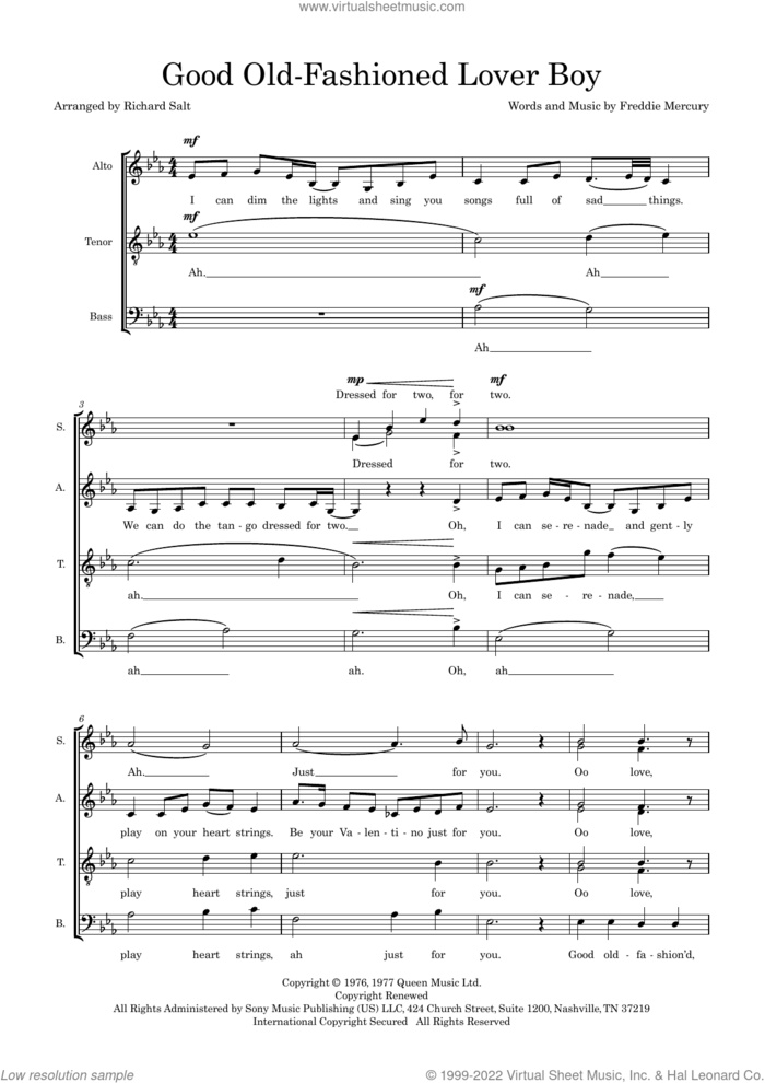Good Old-Fashioned Lover Boy (arr. Richard Salt) sheet music for choir (SSAATTB) by Queen, Richard Salt and Freddie Mercury, intermediate skill level