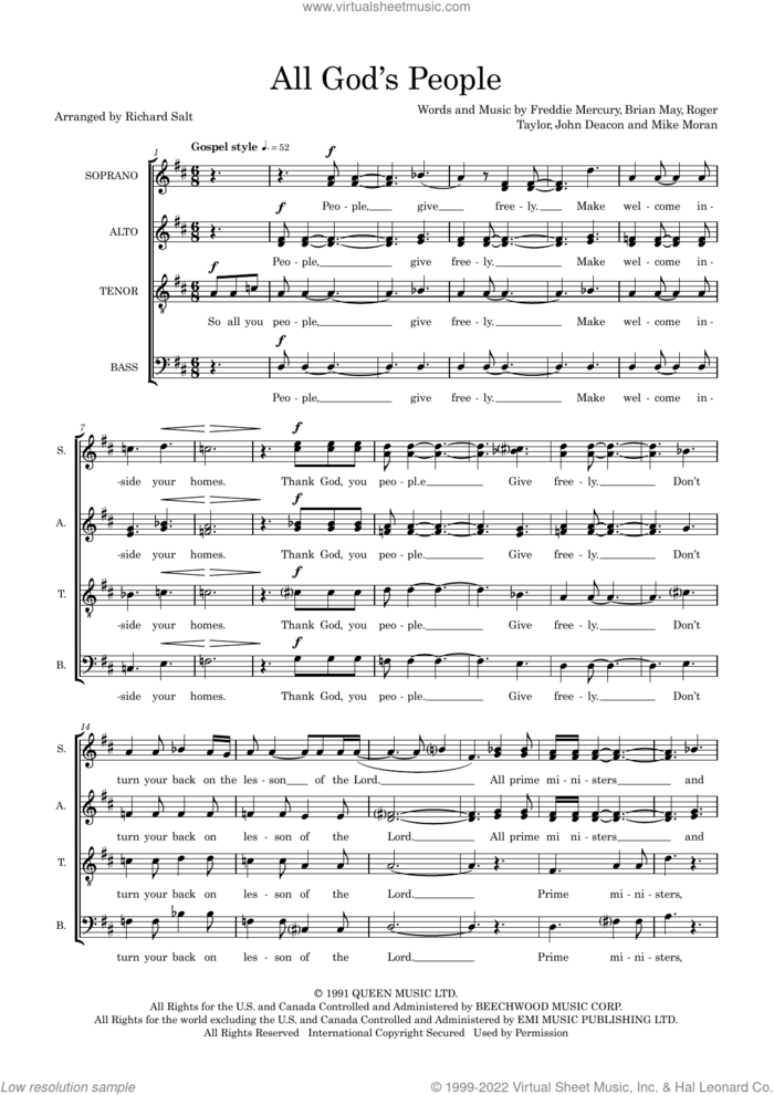 All God's People (arr. Richard Salt) sheet music for choir (SSAATB) by Queen, Richard Salt, Brian May, Freddie Mercury, John Deacon, Mike Moran and Roger Taylor, intermediate skill level