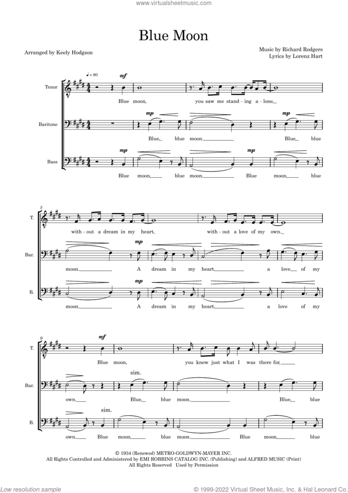 Blue Moon (arr. Keely Hodgson) sheet music for choir (TBB: tenor, bass) by Rodgers & Hart, Keely Hodgson, Elvis Presley, Lorenz Hart and Richard Rodgers, intermediate skill level