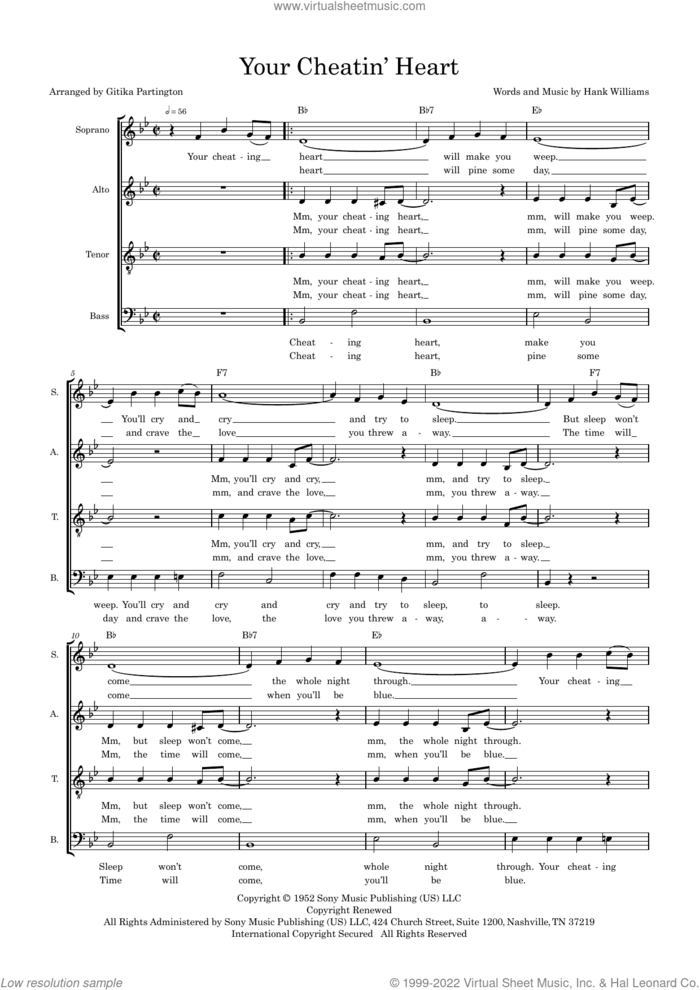 Your Cheatin' Heart (arr. Gitika Partington) sheet music for choir (SATB: soprano, alto, tenor, bass) by Hank Williams, Gitika Partington and Patsy Cline, intermediate skill level