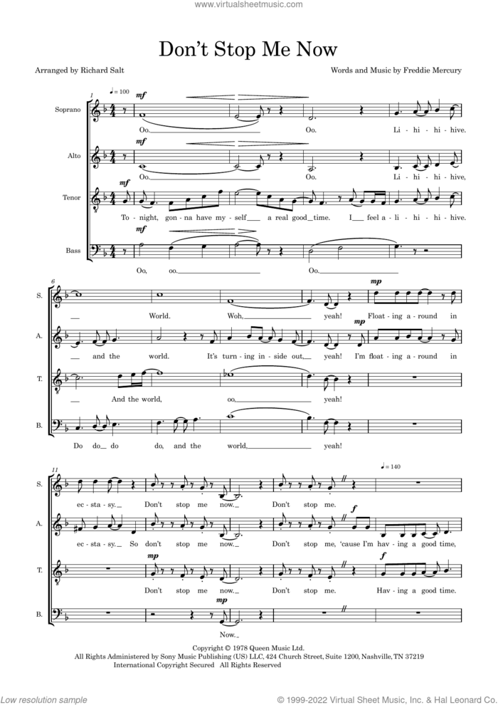 Don't Stop Me Now (arr. Richard Salt) sheet music for choir (SSATB) by Queen, Richard Salt and Freddie Mercury, intermediate skill level