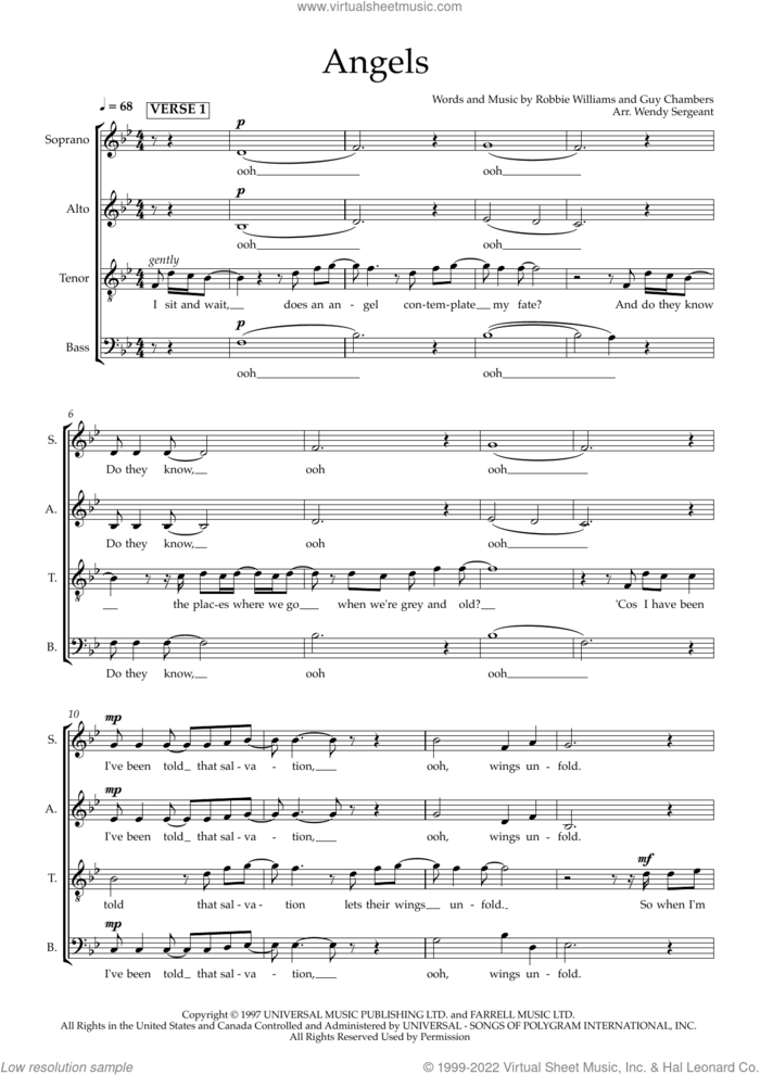 Angels (arr. Wendy Sergeant) sheet music for choir (SATB: soprano, alto, tenor, bass) by Robbie Williams, Wendy Sergeant, Guy Chambers and Robert Peter Williams, intermediate skill level