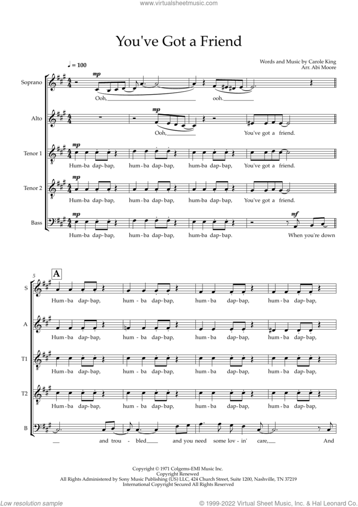 You've Got A Friend (arr. Abi Moore) sheet music for choir (SATTB) by Carole King, Abi Moore and James Taylor, intermediate skill level