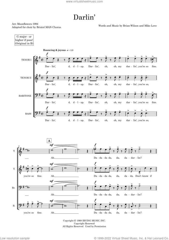 Darlin' (arr. Sam Burns) sheet music for choir (TTBB: tenor, bass) by The Beach Boys, Sam Burns, Brian Wilson and Mike Love, intermediate skill level