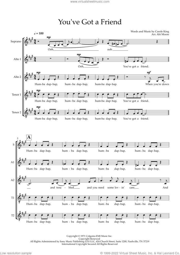 You've Got A Friend (arr. Abi Moore) sheet music for choir (SAATT) by Carole King, Abi Moore and James Taylor, intermediate skill level