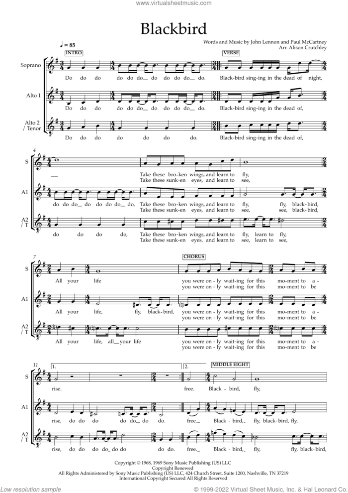 Blackbird (arr. Alison Crutchley) sheet music for choir (SAA) by The Beatles, Alison Crutchley, Wings, John Lennon and Paul McCartney, intermediate skill level