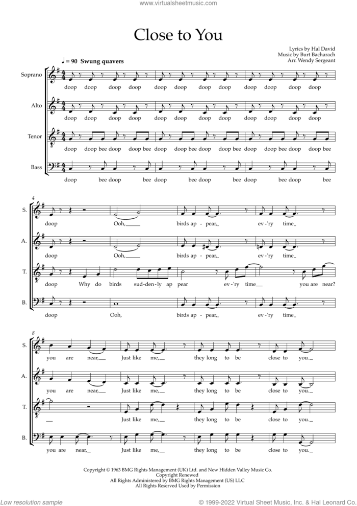 Close To You (arr. Wendy Sergeant) sheet music for choir (SATB: soprano, alto, tenor, bass) by Bacharach & David, Wendy Sergeant, Carpenters, Burt Bacharach and Hal David, intermediate skill level