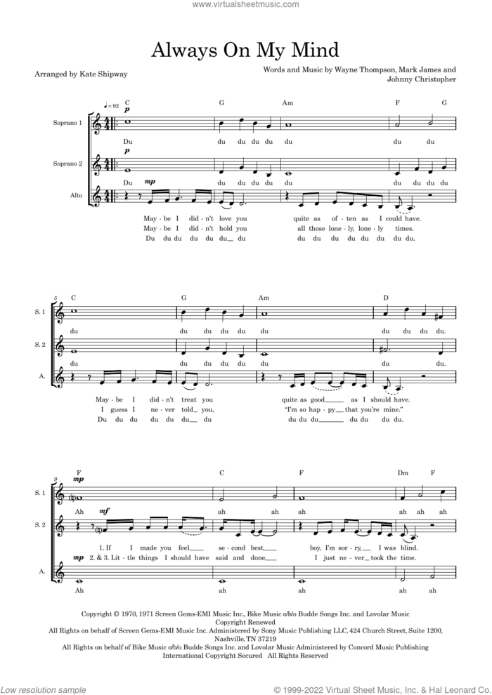 Always On My Mind (arr. Kate Shipway) sheet music for choir (SSA: soprano, alto) by Wayne Thompson, Kate Shipway, Elvis Presley, Michael Buble, The Pet Shop Boys, Willie Nelson, Johnny Christopher and Mark James, intermediate skill level