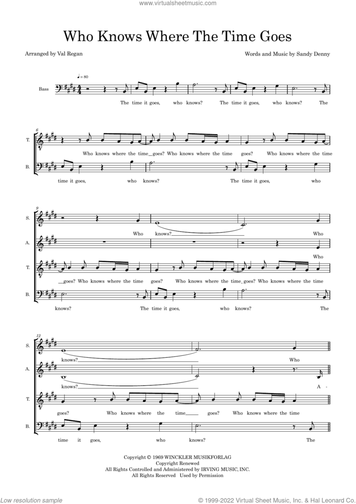 Who Knows Where The Time Goes (arr. Val Regan) sheet music for choir (SATB: soprano, alto, tenor, bass) by Sandy Denny, Val Regan, Eva Cassidy and Judy Collins, intermediate skill level