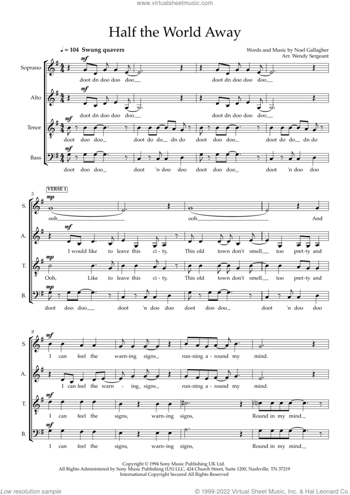 Half The World Away (arr. Wendy Sergeant) sheet music for choir (SATB: soprano, alto, tenor, bass) by Noel Gallagher, Wendy Sergeant and Oasis, intermediate skill level
