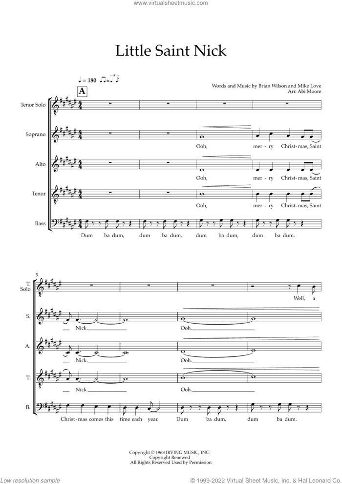 Little Saint Nick (arr. Abi Moore) sheet music for choir (SATB: soprano, alto, tenor, bass) by The Beach Boys, Abi Moore, Brian Wilson and Mike Love, intermediate skill level