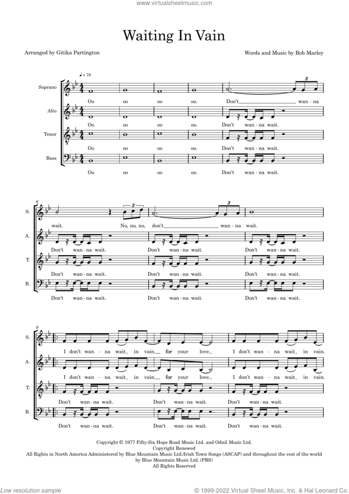Waiting In Vain (arr. Gitika Partington) sheet music for choir (SSATB) by Bob Marley and Gitika Partington, intermediate skill level