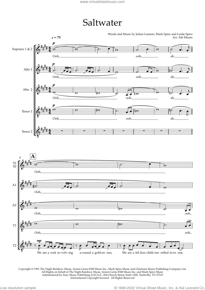 Saltwater (arr. Abi Moore) sheet music for choir (SSAATT) by Julian Lennon, Abi Moore, Leslie Spiro and Mark Spiro, intermediate skill level