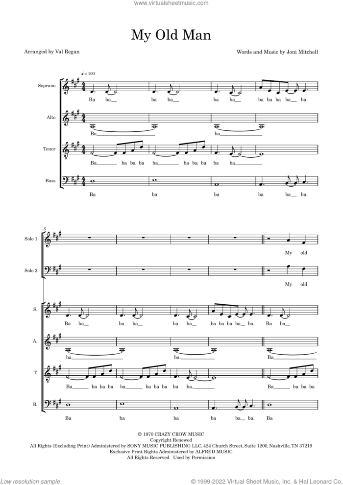 My Old Man (arr. Val Regan) sheet music for choir (SATB: soprano, alto, tenor, bass) by Joni Mitchell and Val Regan, intermediate skill level