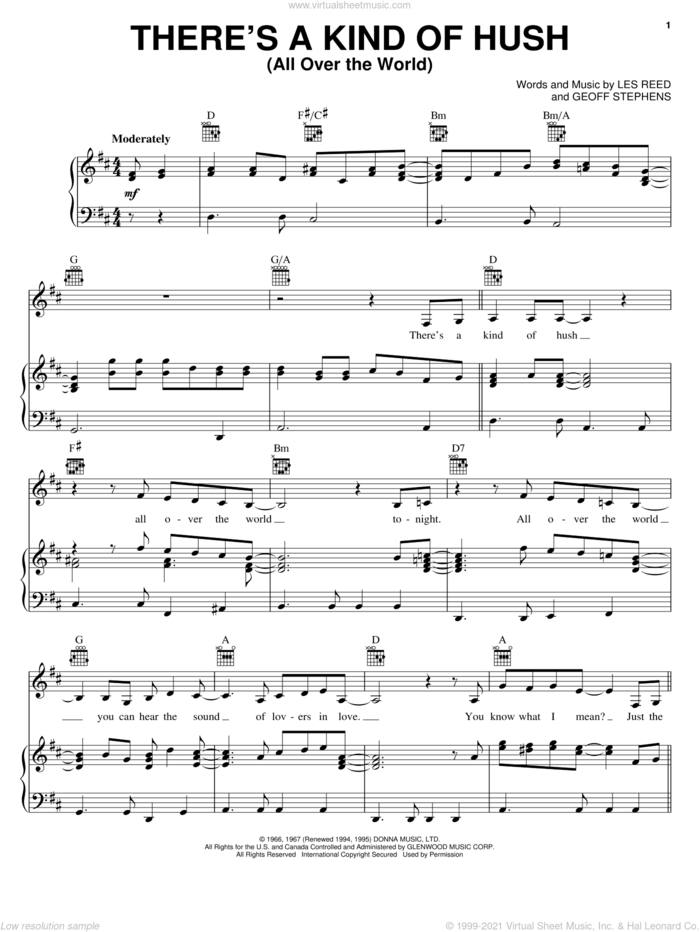 There's A Kind Of Hush (All Over The World) sheet music for voice, piano or guitar by Carpenters, Geoff Stephens and Les Reed, intermediate skill level