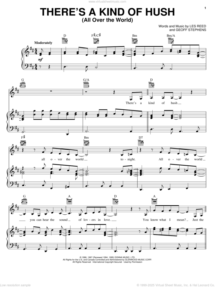 There's A Kind Of Hush (All Over The World) sheet music for voice, piano or guitar by Carpenters, Geoff Stephens and Les Reed, intermediate skill level