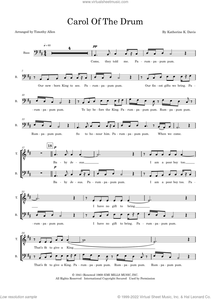 Carol Of The Drum (arr. Tim Allen) (COMPLETE) sheet music for orchestra/band (SATB) by Katherine Davis and Tim Allen, intermediate skill level