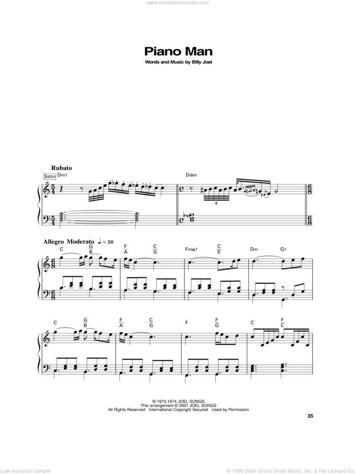 Piano Man sheet music for piano solo by Billy Joel, intermediate skill level