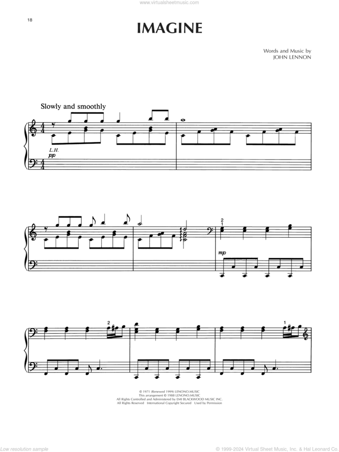 Imagine sheet music for piano solo by John Lennon, intermediate skill level