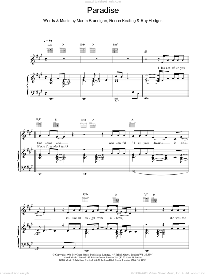 Paradise sheet music for voice, piano or guitar by Boyzone, intermediate skill level