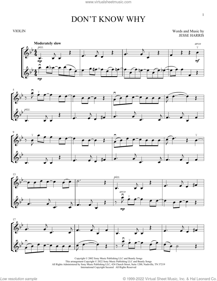 Don't Know Why sheet music for two violins (duets, violin duets) by Norah Jones and Jesse Harris, intermediate skill level