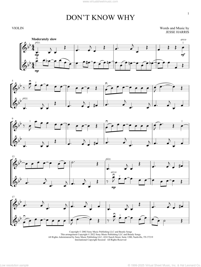 Don't Know Why sheet music for two violins (duets, violin duets) by Norah Jones and Jesse Harris, intermediate skill level