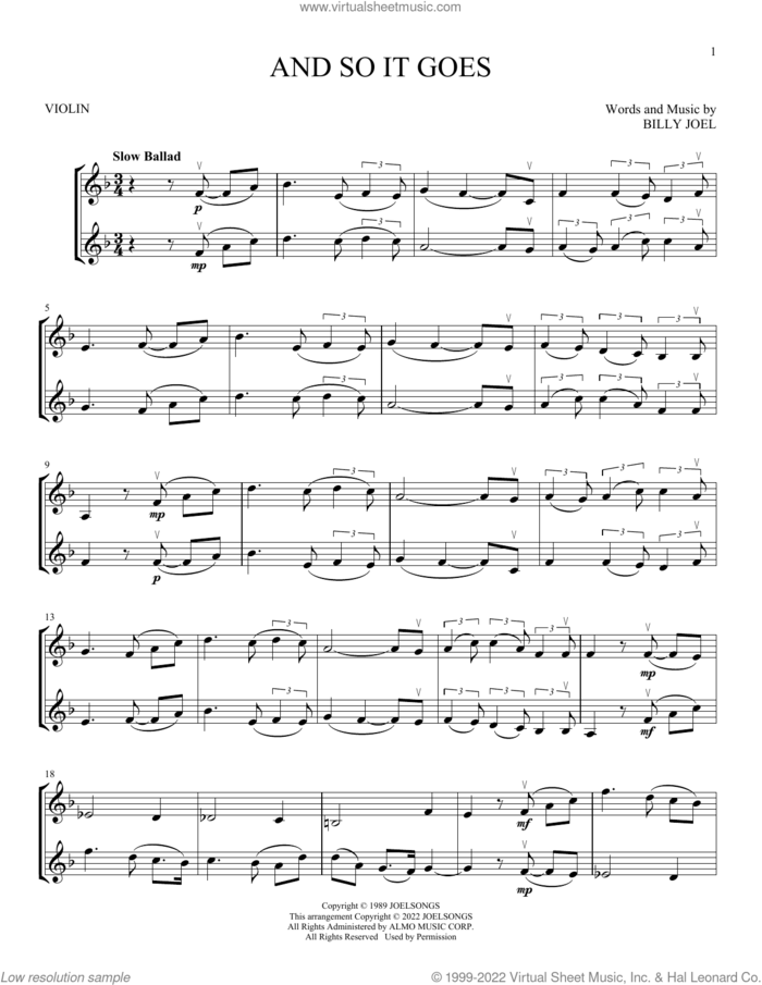 And So It Goes sheet music for two violins (duets, violin duets) by Billy Joel, intermediate skill level