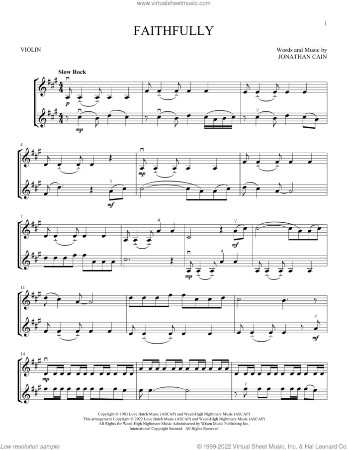 Faithfully sheet music for two violins (duets, violin duets) by Journey and Jonathan Cain, intermediate skill level