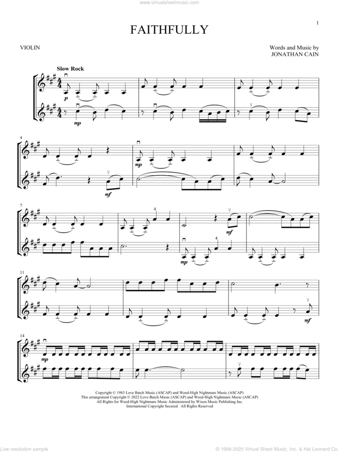 Faithfully sheet music for two violins (duets, violin duets) by Journey and Jonathan Cain, intermediate skill level