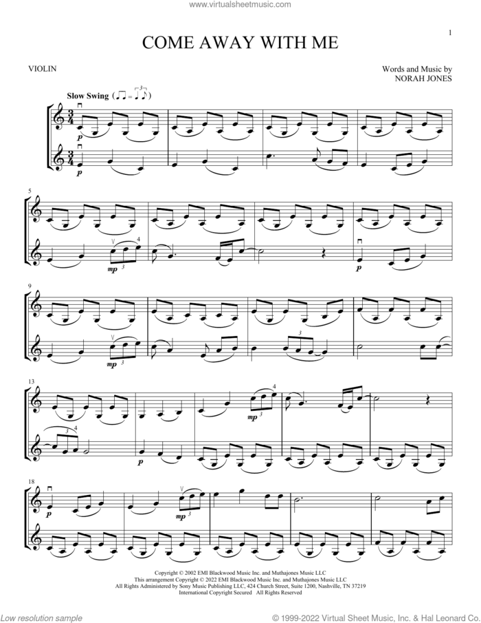 Come Away With Me sheet music for two violins (duets, violin duets) by Norah Jones, intermediate skill level