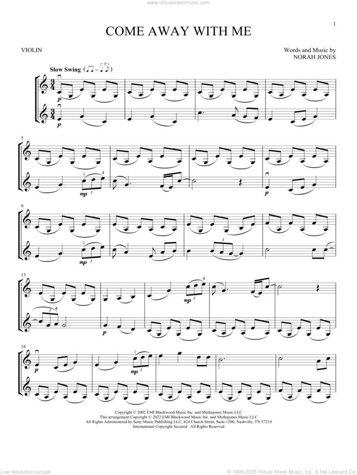 Come Away With Me sheet music for two violins (duets, violin duets) by Norah Jones, intermediate skill level