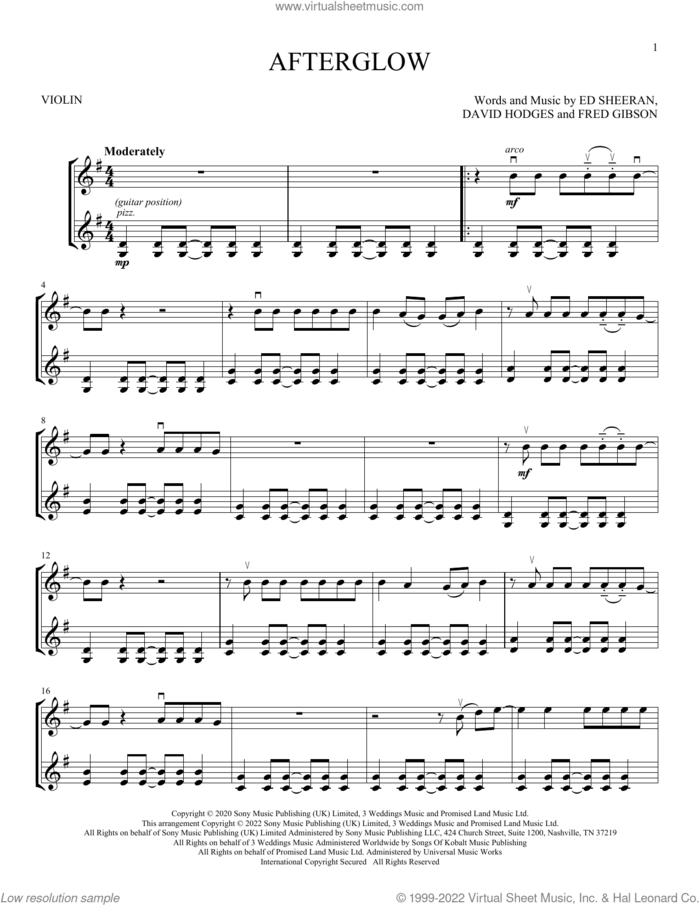 Afterglow sheet music for two violins (duets, violin duets) by Ed Sheeran, David Hodges and Fred Gibson, intermediate skill level