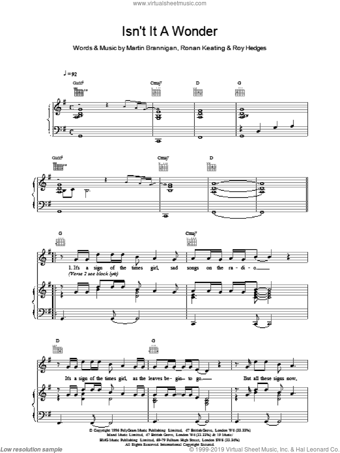 Isnt It A Wonder sheet music for voice, piano or guitar by Boyzone, intermediate skill level