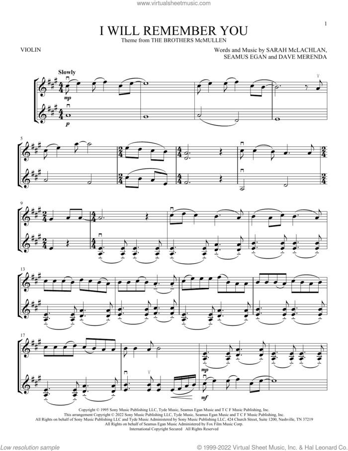 I Will Remember You sheet music for two violins (duets, violin duets) by Sarah McLachlan, Dave Merenda and Seamus Egan, intermediate skill level