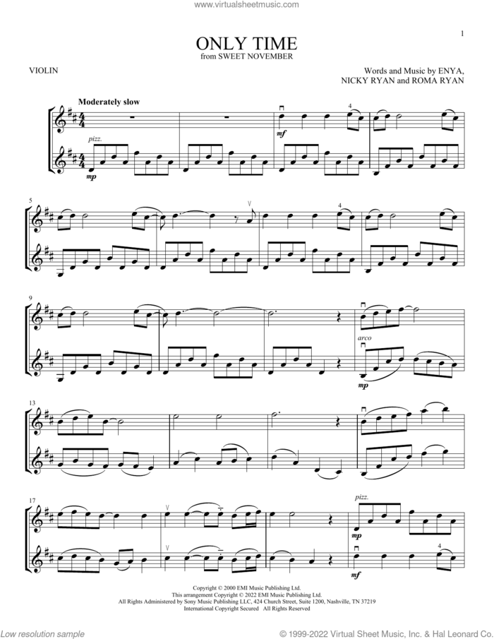 Only Time sheet music for two violins (duets, violin duets) by Enya, Nicky Ryan and Roma Ryan, intermediate skill level