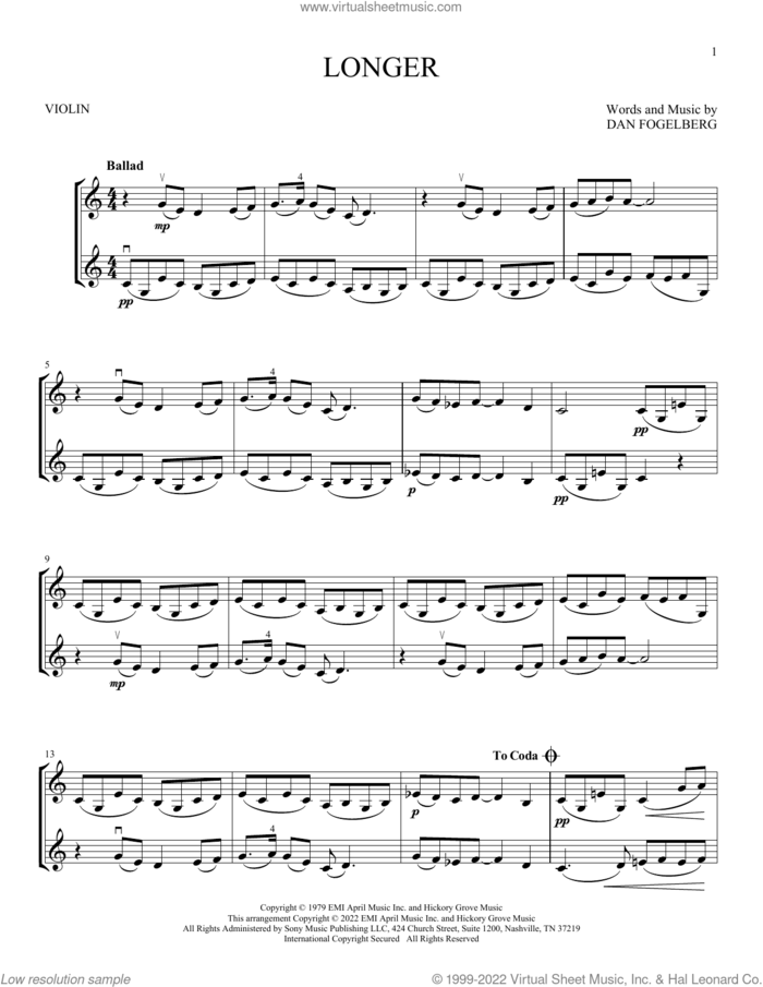 Longer sheet music for two violins (duets, violin duets) by Dan Fogelberg, intermediate skill level