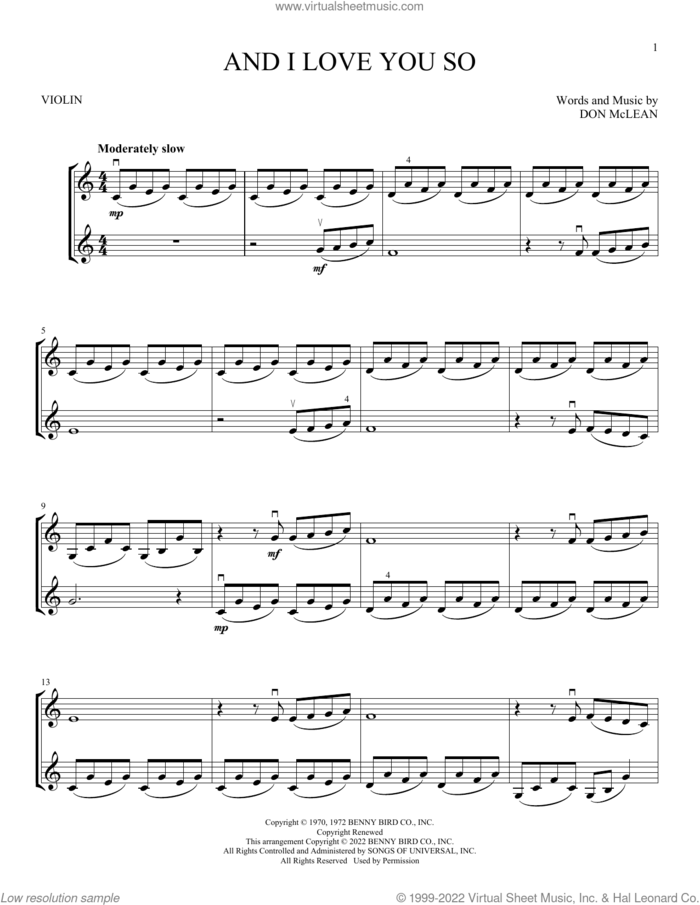 And I Love You So sheet music for two violins (duets, violin duets) by Don McLean and Perry Como, intermediate skill level