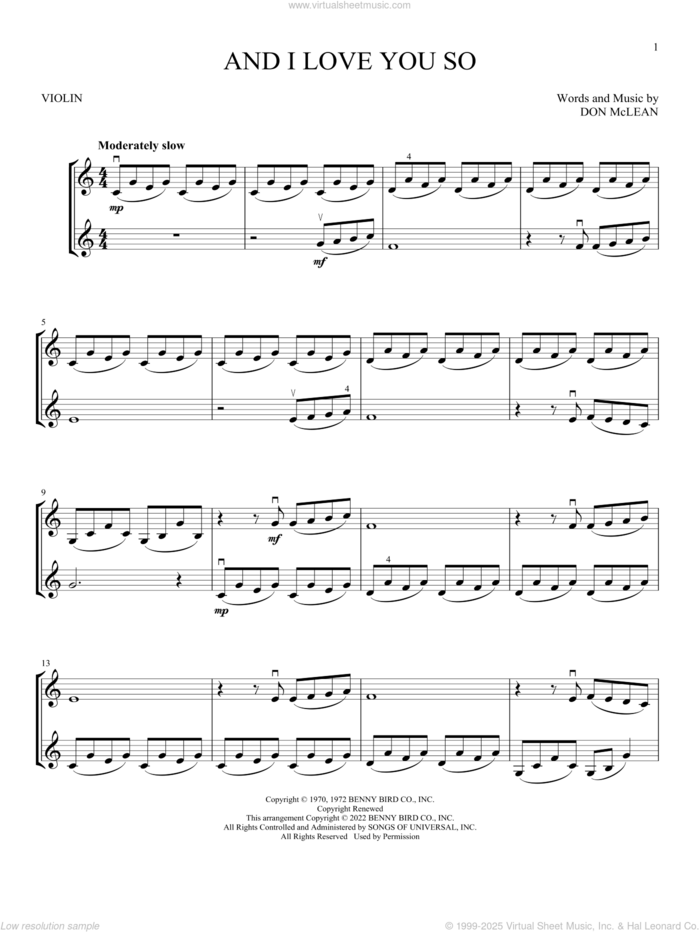 And I Love You So sheet music for two violins (duets, violin duets) by Don McLean and Perry Como, intermediate skill level