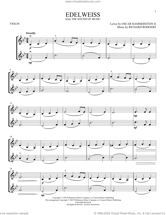 Edelweiss (from The Sound Of Music) sheet music for two violins (duets, violin duets) by Richard Rodgers, Oscar II Hammerstein and Rodgers & Hammerstein, intermediate skill level