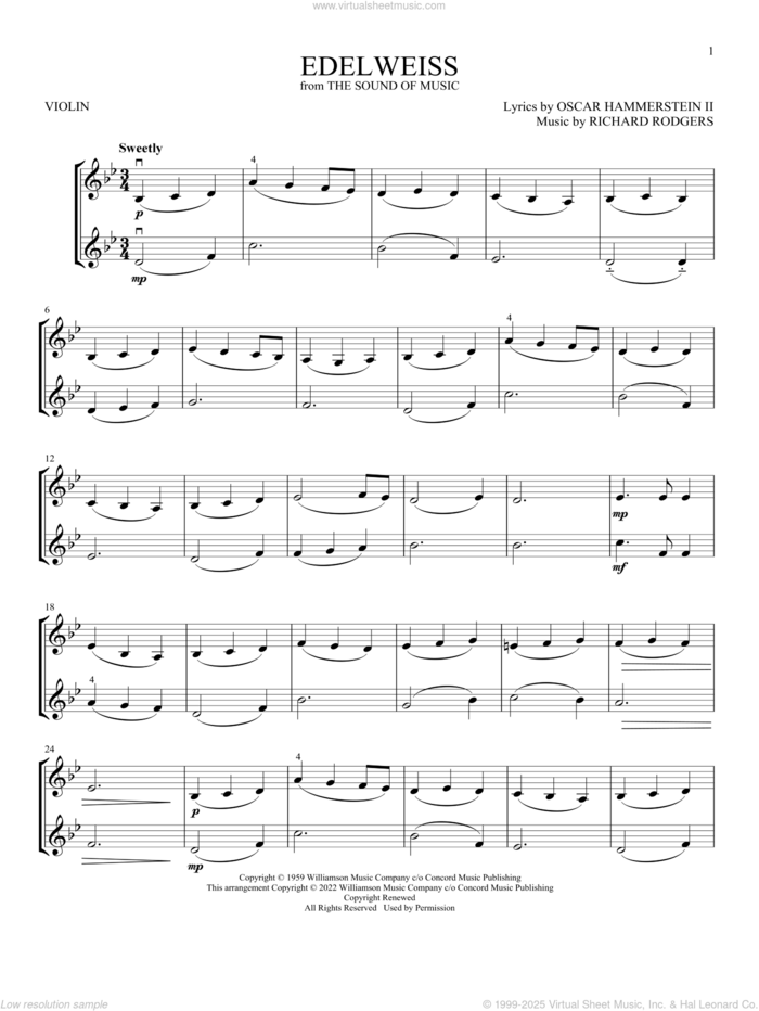 Edelweiss (from The Sound Of Music) sheet music for two violins (duets, violin duets) by Richard Rodgers, Oscar II Hammerstein and Rodgers & Hammerstein, intermediate skill level