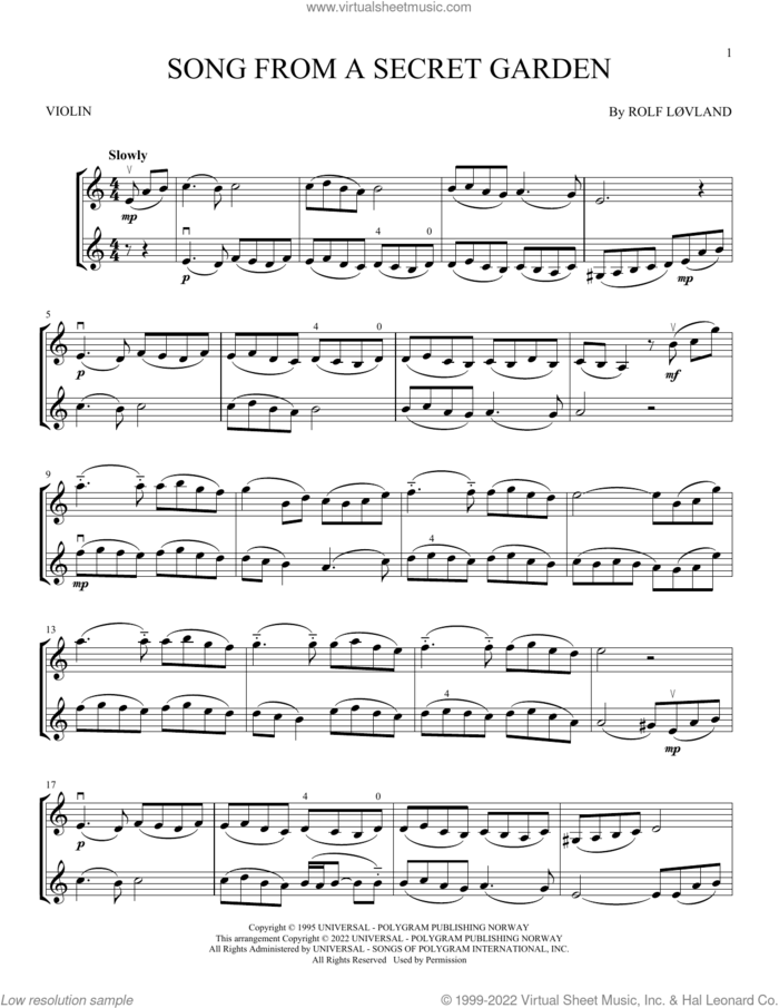 Song From A Secret Garden sheet music for two violins (duets, violin duets) by Secret Garden and Rolf Lovland, intermediate skill level