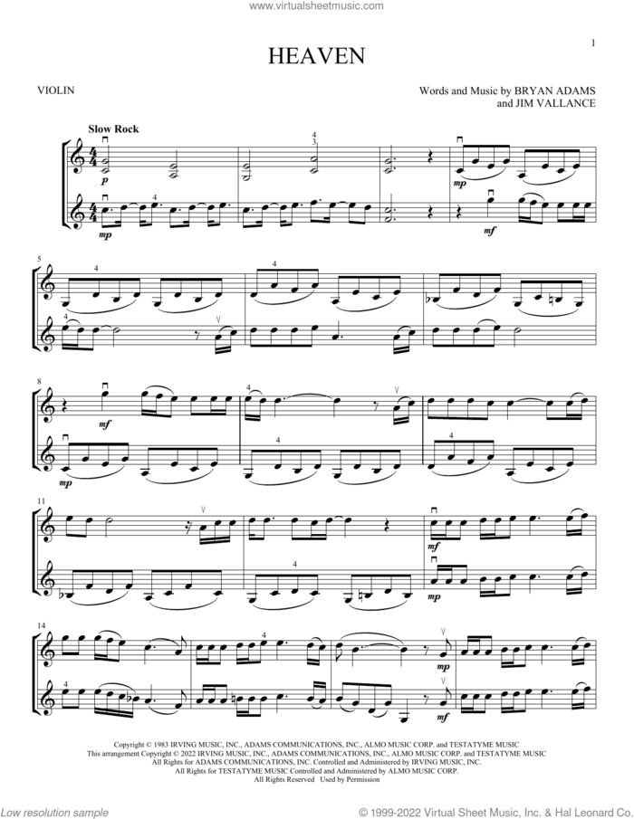 Heaven sheet music for two violins (duets, violin duets) by Bryan Adams and Jim Vallance, intermediate skill level